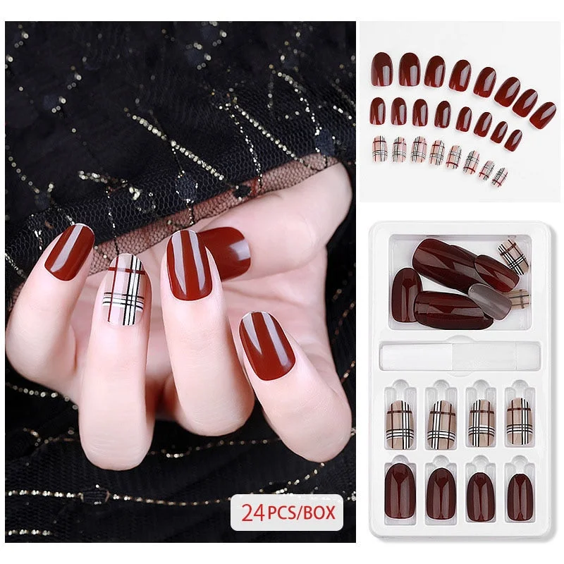 24Pcs Fake Nails Press On Nails With Glue Nail Tips False Nails Glue On Nails Artificial Nails Nail Display Stick On Nails