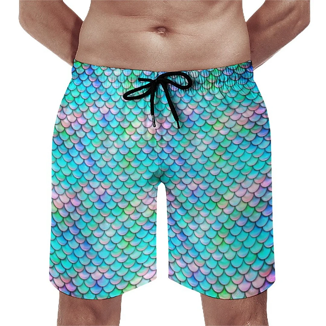 Fish Scale Mermaid Cute Elegant Men's Swim Trunks Summer Board Shorts Quick Dry Beach Short with Pockets
