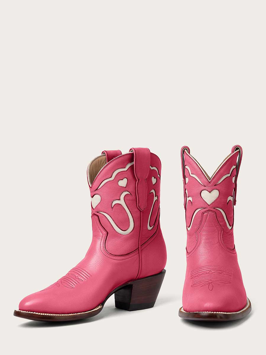 Pink & Ivory Patchwork Almond Toe Block Heel Cowboy Boots for Women
