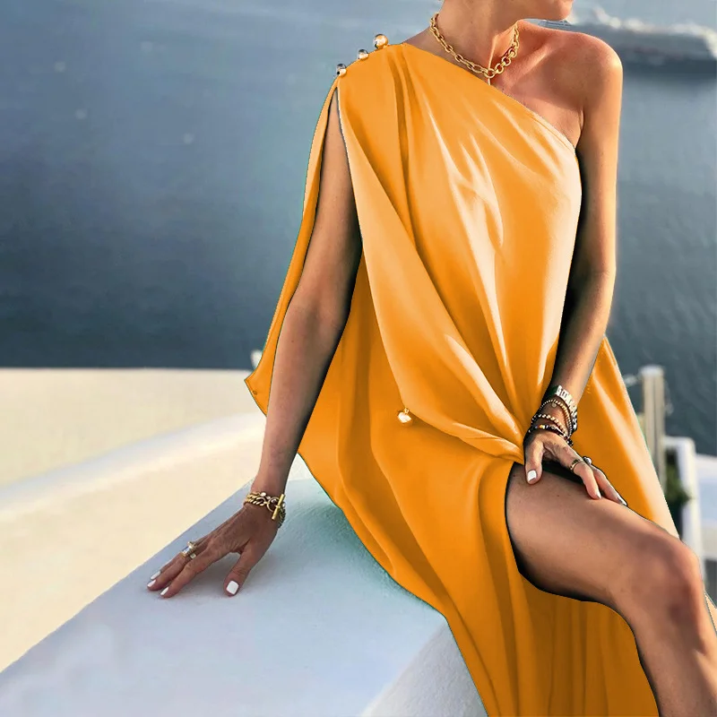 Toloer Toloer Spot 2024 Summer New Women's Wear Temperament Fashion Pure Color Loose One-Shoulder Long Dress-Outfit Ideas