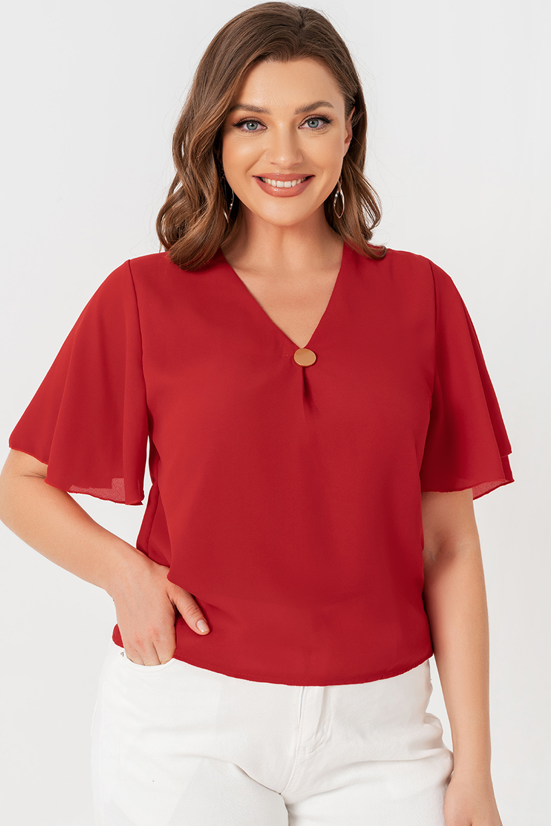 Flycurvy Plus Size Casual Red Chiffon Decorative Button V Neck Ruffle Sleeve Blouse