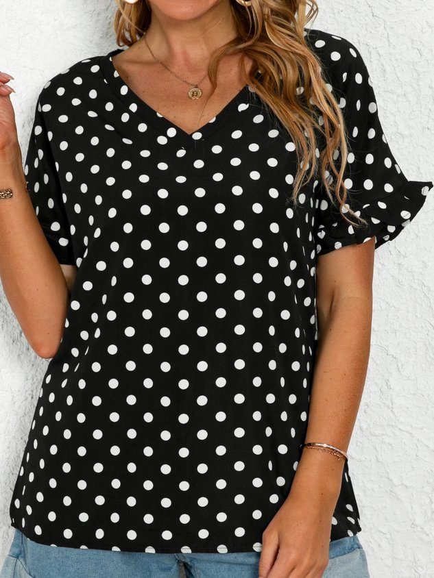 Plus Size Black Casual Polka Dots Printed V Neck Short Sleeve Shift T-shirt