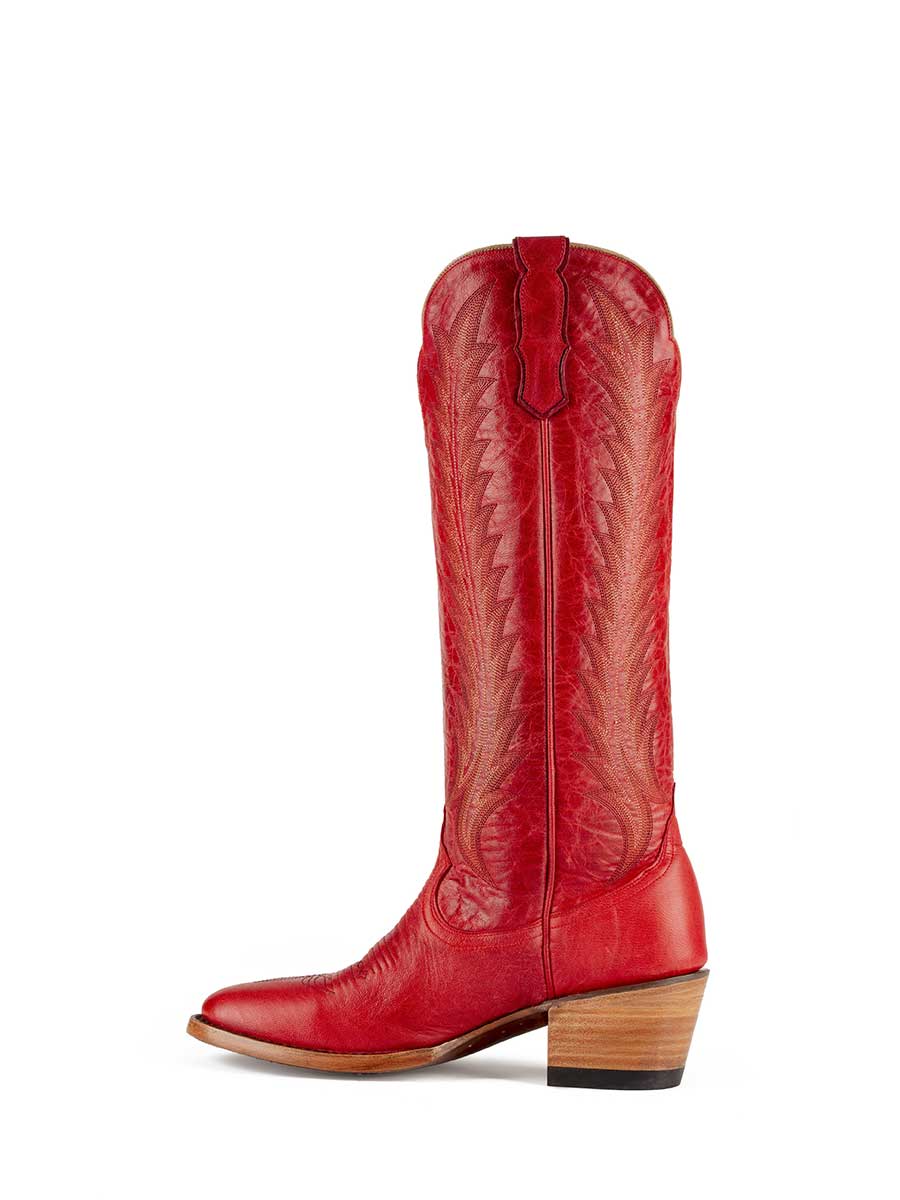 Red Vegan Leather Pointed Toe Wide Calf Knee High Cowgirl Boots With Embroidery Design  