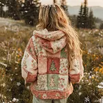 Women's Patchwork Floral Christmas Tree Print Plush Hoodie - Image 2