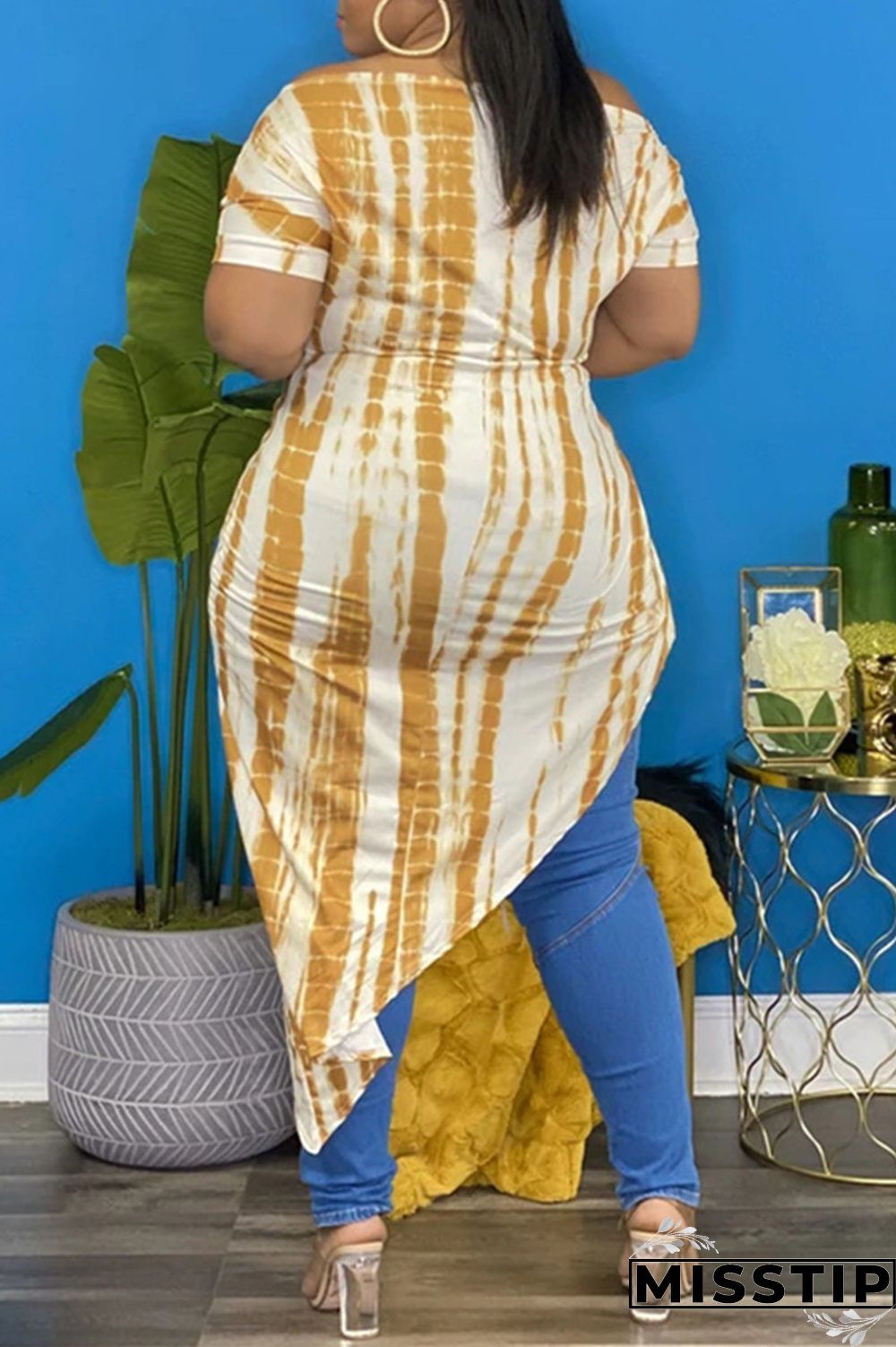 Blue Fashion Casual Print Bandage Asymmetrical O Neck Plus Size Tops