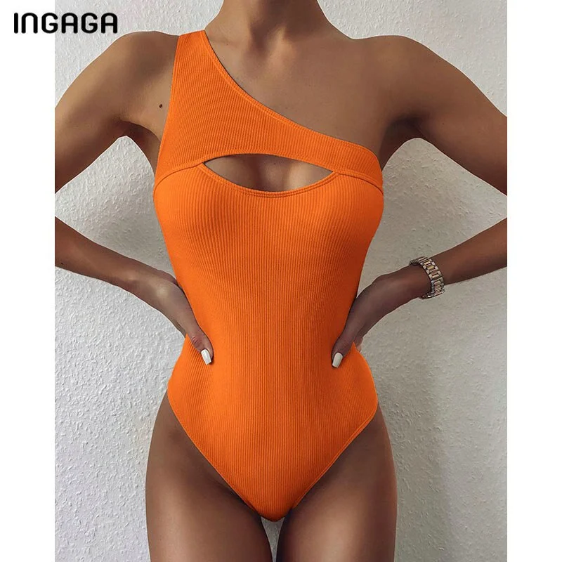 INGAGA Sexy One Shoulder One Piece Swimsuit Cut Out Swimwear Women 2022 Ribbed Bodysuit Solid Beachwear High Cut Bathing Suits