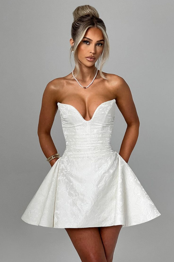 Ovlias Elegant Satin White Short Strapless V-Neck Homecoming Dress HC0194