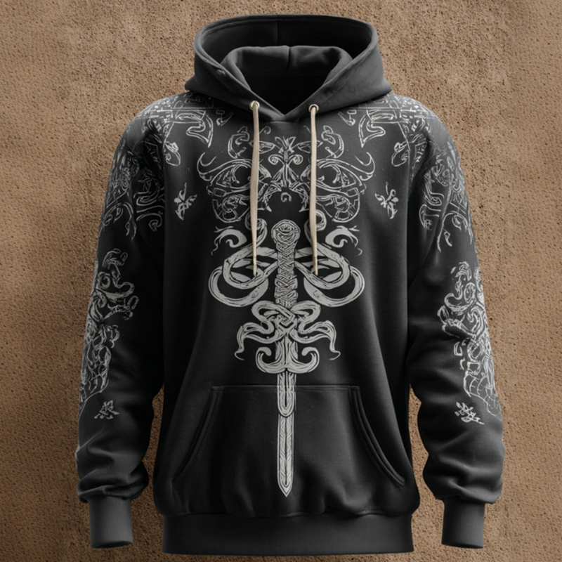 Men's Retro Celtic Style Art Sword Print Comfortable Hooded Sweatshirt elevenforest