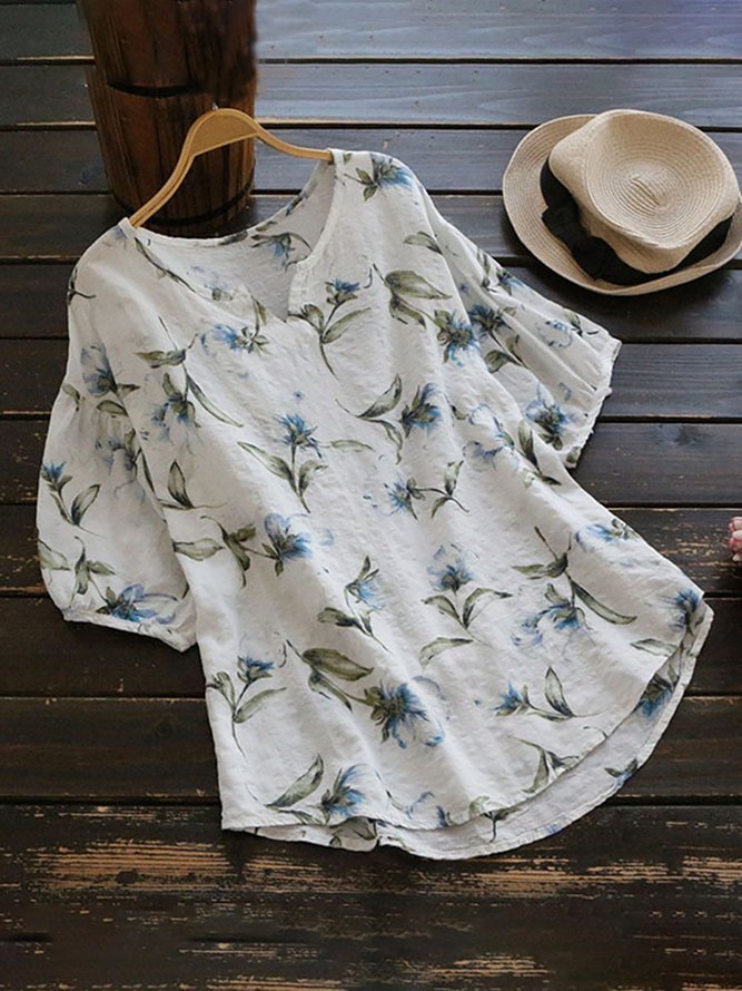 V neck Short Sleeve Casual Floral Plus Size T-Shirt