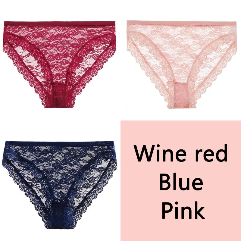 FINETOO Full Lace Briefs Panties Sexy Women Underwear M-2XL Low Waist Underpants Transparent Floral Panty Ladies Lingerie 3Pcs