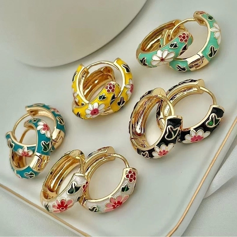 1 Pair Elegant Flower Enamel Copper Earrings