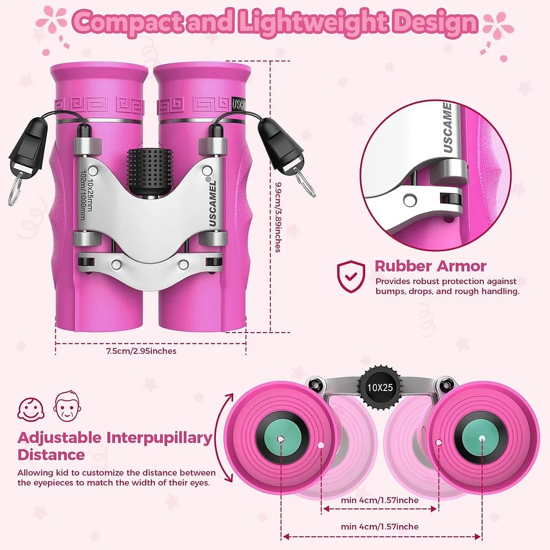 Binoculars for Kids 8-12,Compact Travel Binoculars with BAK-4 Prism, Fully Multi-Coated Optics, Carry Bag & Neck Strap（Pink）