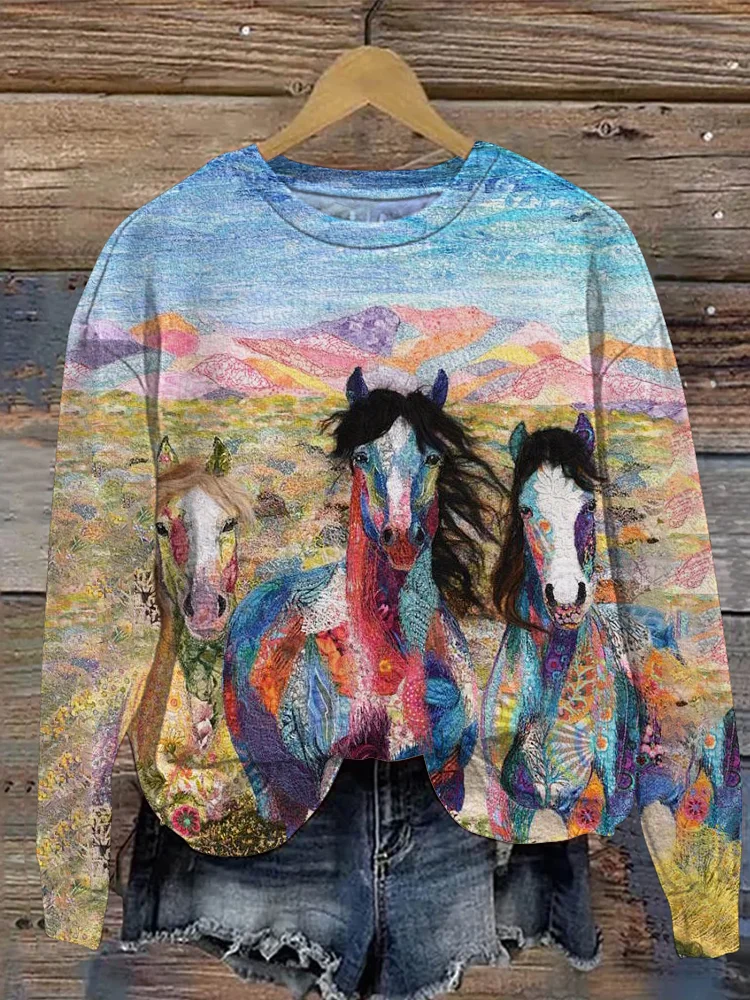 Lace Colorful Horse Casual Round Neck Sweatshirt