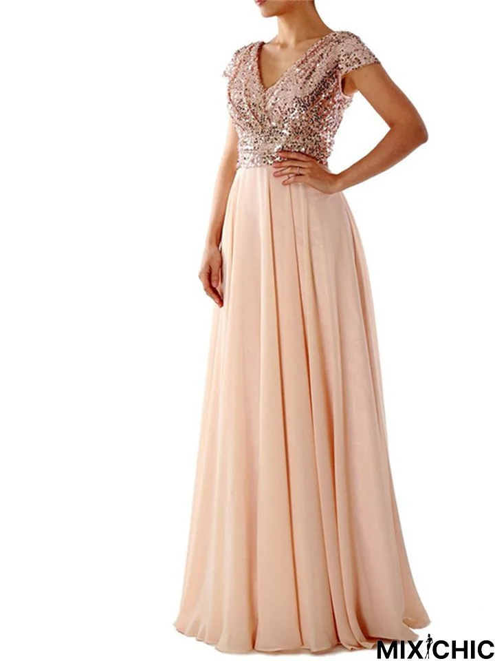 V-Neck Chiffon Patchwork Evening Dress