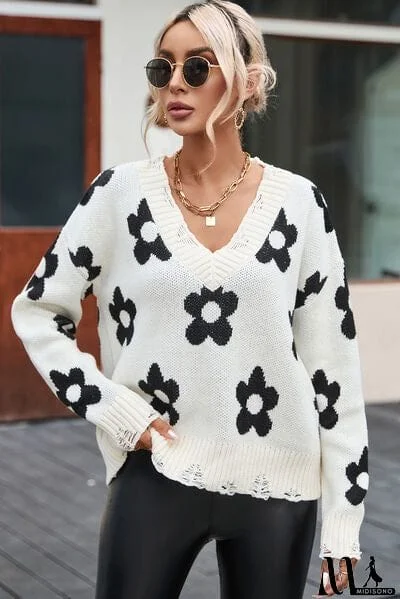 Flower Distressed V-Neck Dropped Shoulder Sweater