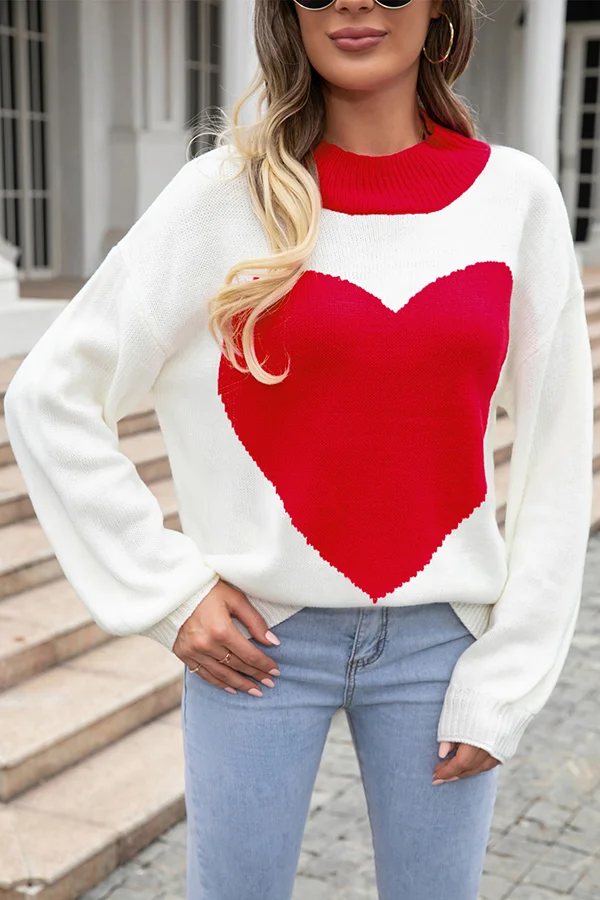 Heart Shaped Crew Neck Contrasting Knitted Long Sleeve Pullover Sweater
