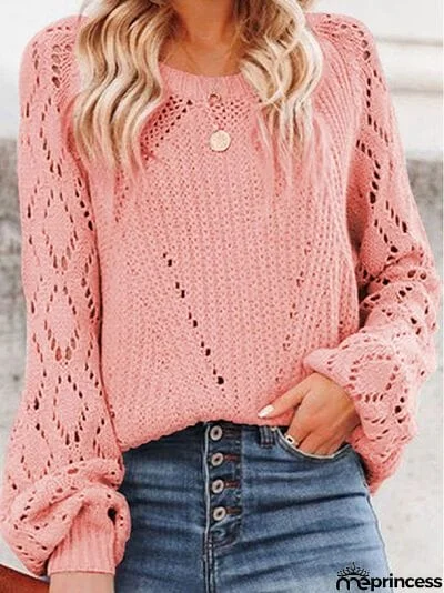 Openwork Round Neck Lantern Sleeve Sweater