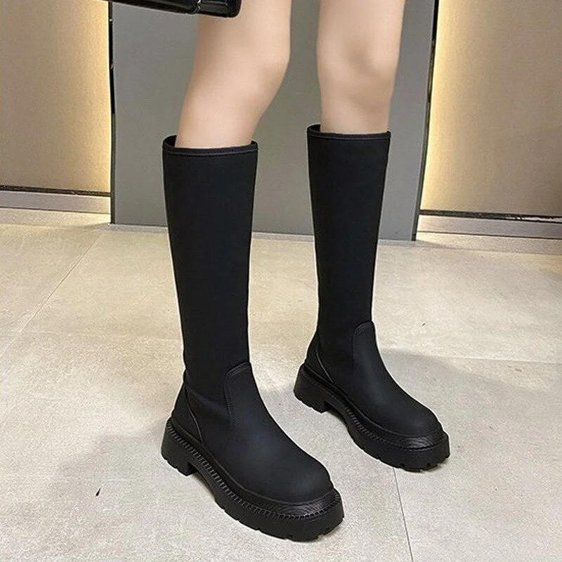 New Women's High Boots Knee-high PU Leather Boots Platform High Heels For Women's Shoes 2021 Autumn Winter Zip Boots Botas Mujer