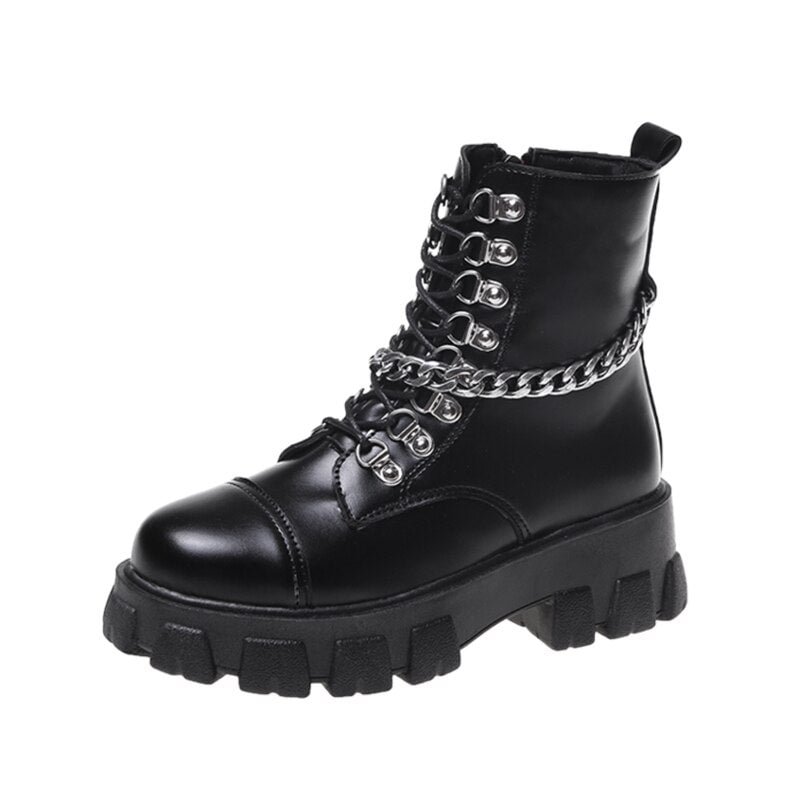 Lucyever Fashion Metal Chain Platform Women Boots 2020 Punk Rivet Patent Leather Ankle Boots Woman Gothic Black Heels Shoes