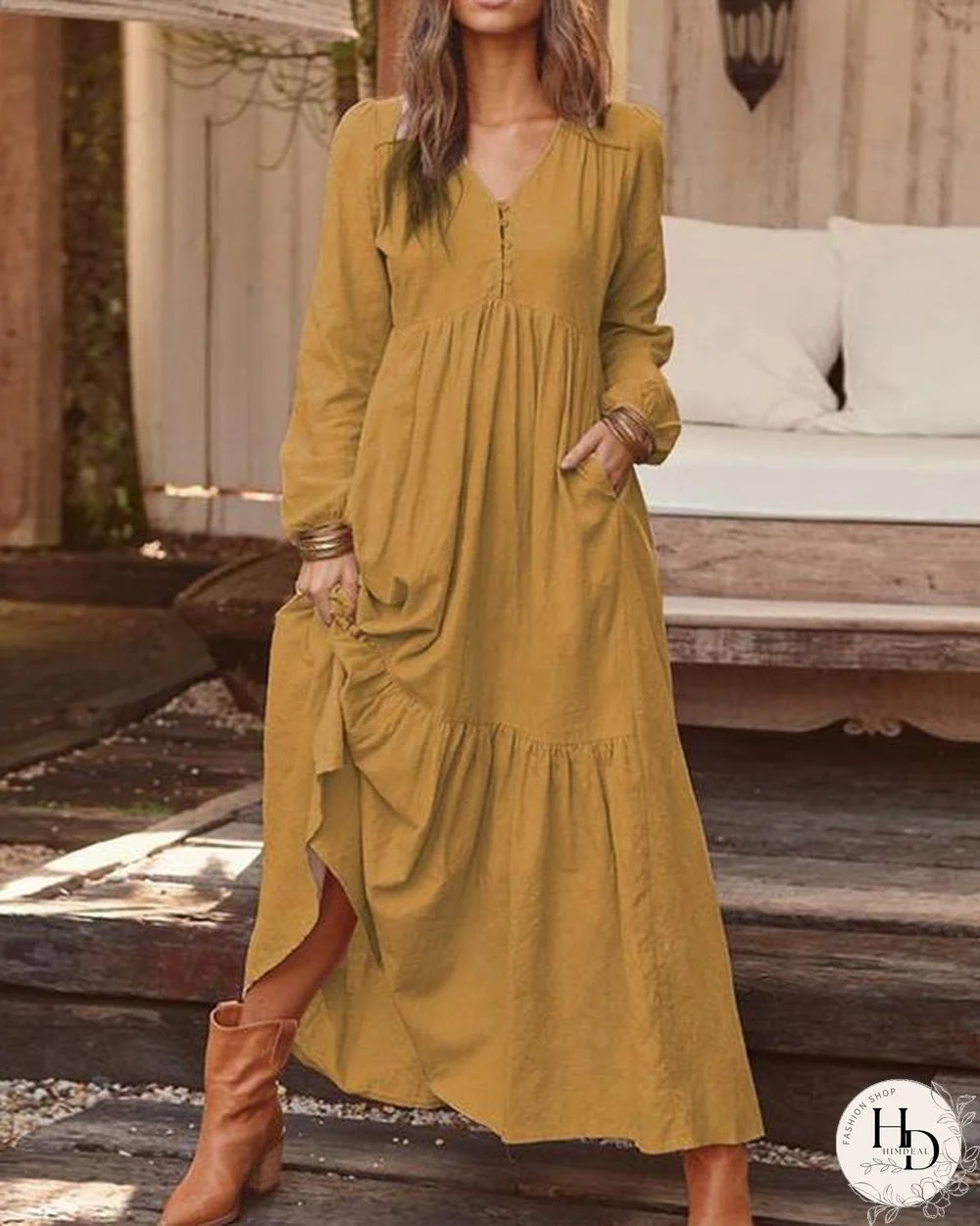 Women Solid Color V-neck Long Sleeve Causal Maxi Dress