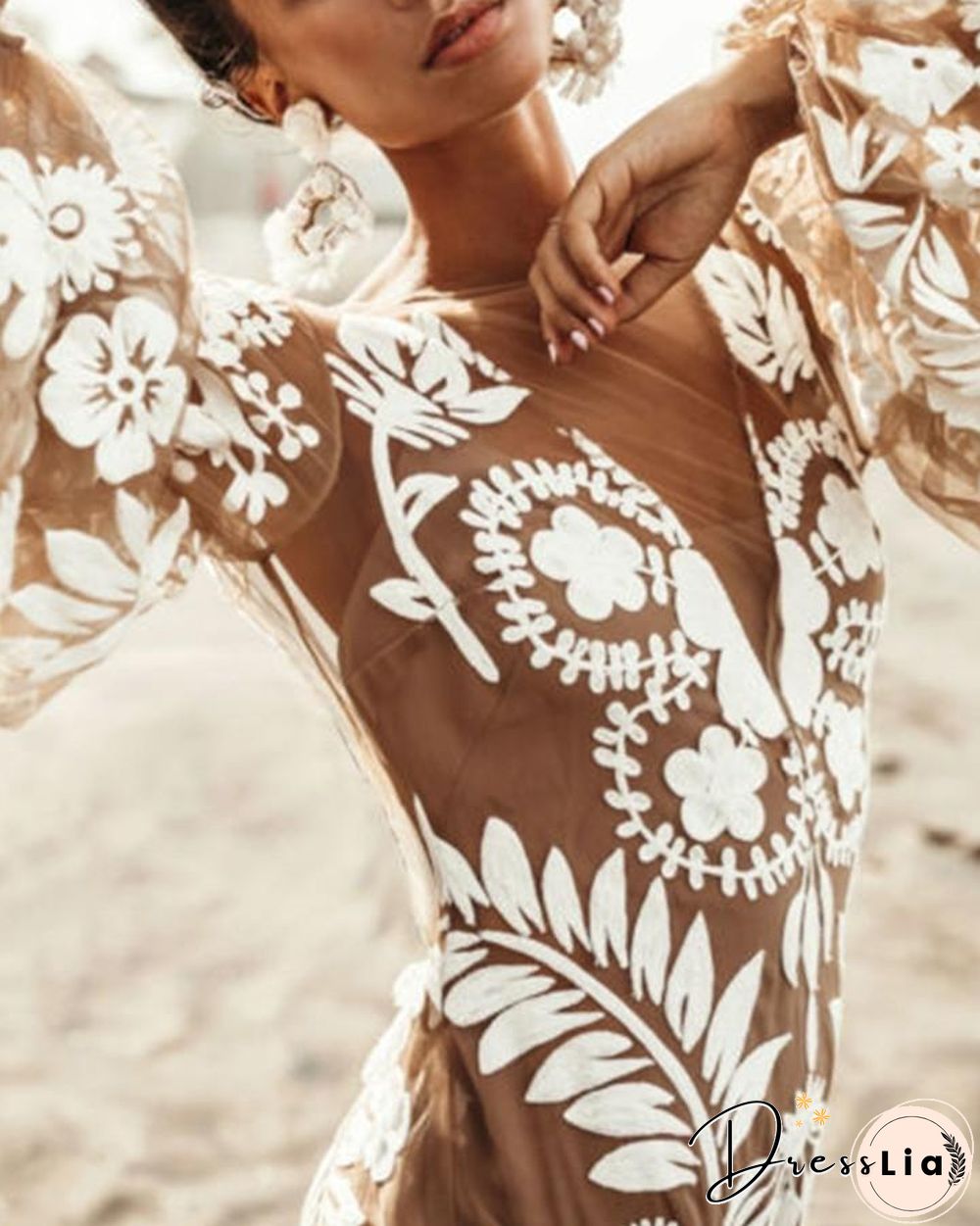 Lace Floral Embroidery Backless Loose Puff Sleeve Maxi Dress P12971