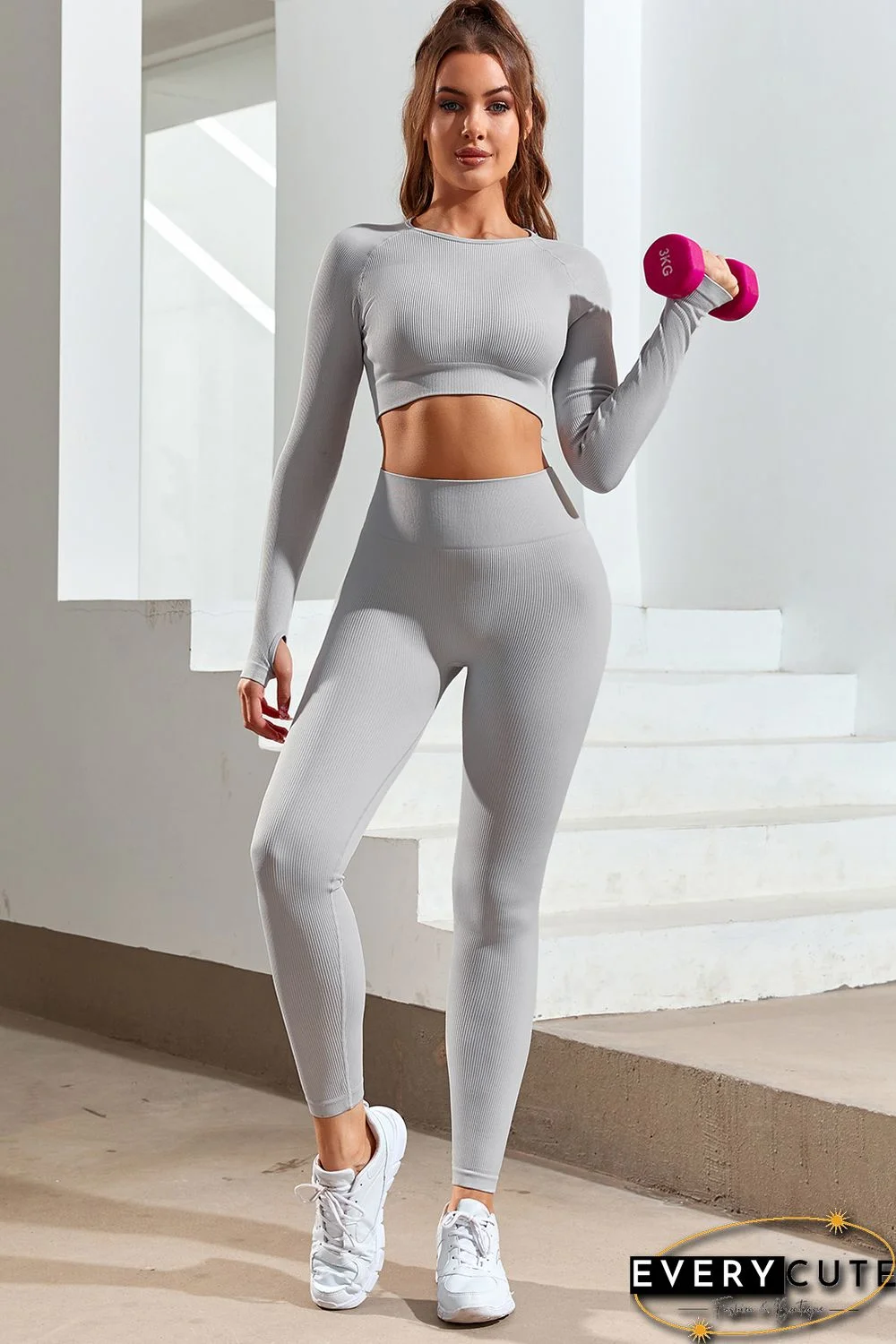 Gray Long Sleeve Seamless Crop Smoke