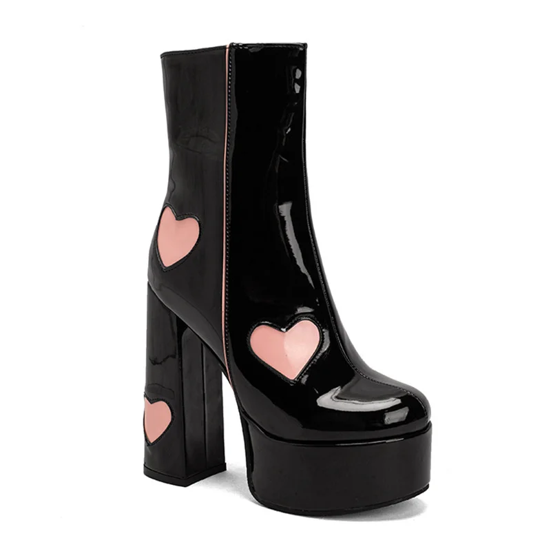 140mm Square Toe Chunky High Heels Platform Heart Embedded Pattern Patent Boots-MERUMOTE