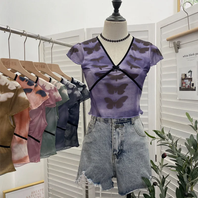Uveng Sexy Hottie V-Neck Butterfly Print Short-Sleeved T-Shirt Slime Short-Navel Net T-Shirt Girl 9920