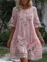 Women's Vintage Floral Art Print Flowy Linen Blend Casual Short Sleeve Mini Dress