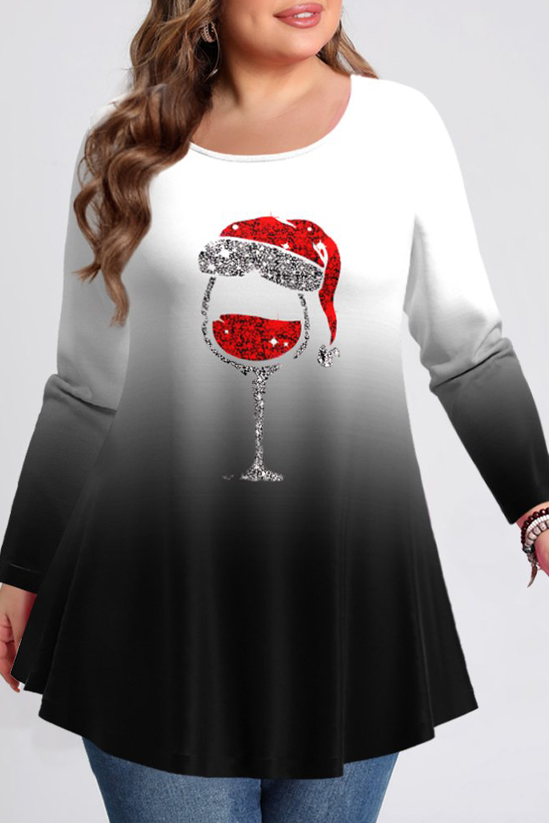 Flycurvy Plus Size Christmas Casual Black Ombre Glass Print T-Shirt