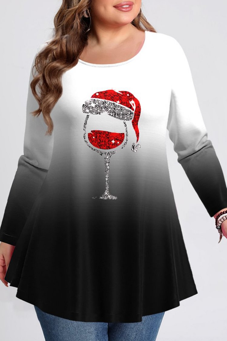 Flycurvy Plus Size Christmas Casual Black Ombre Glass Print Long Sleeve T-Shirt  flycurvy [product_label]