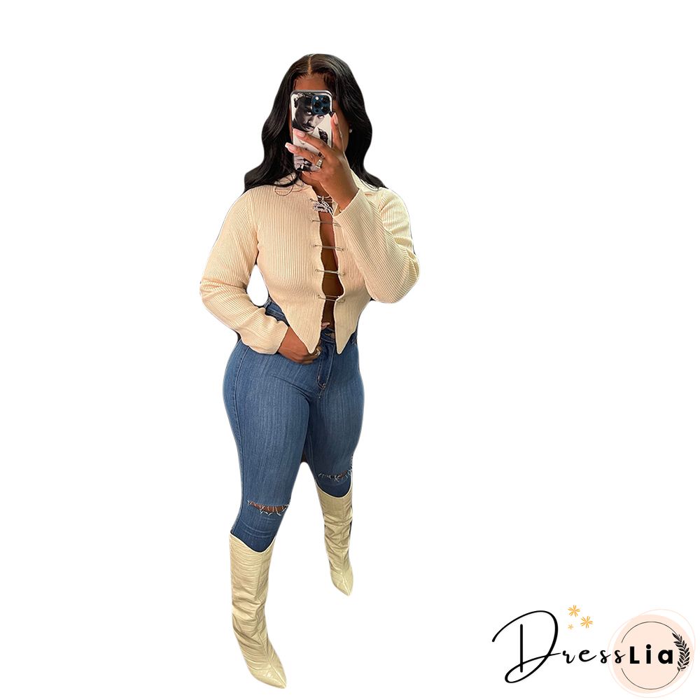 Ribbed Knitted Long Sleeve Pin Up Cardigan Crop Tops