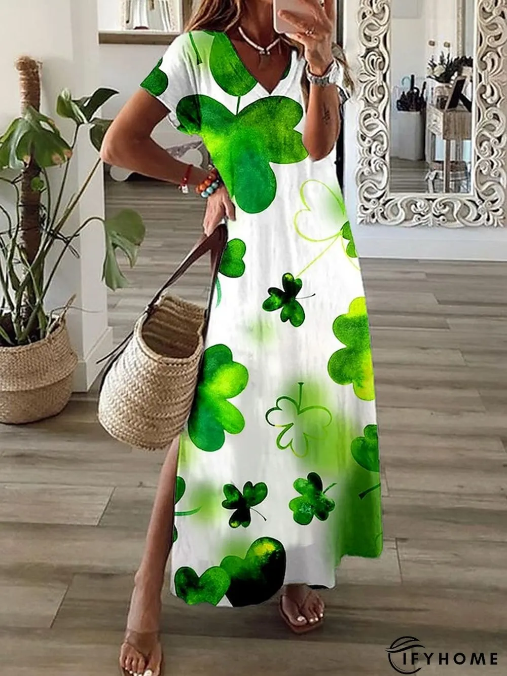 Women's St. Patrick Four Leaf Clover Long Dress Maxi Dress Casual Dress A Line Dress Print Dress Fashion Streetwear Daily Date Vacation Split Print Short Sleeve V Neck Dress Regular Fit White Light | IFYHOME