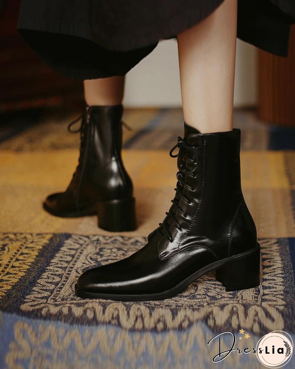 Pointed-toe Solid Color Lace-up Martin Boots