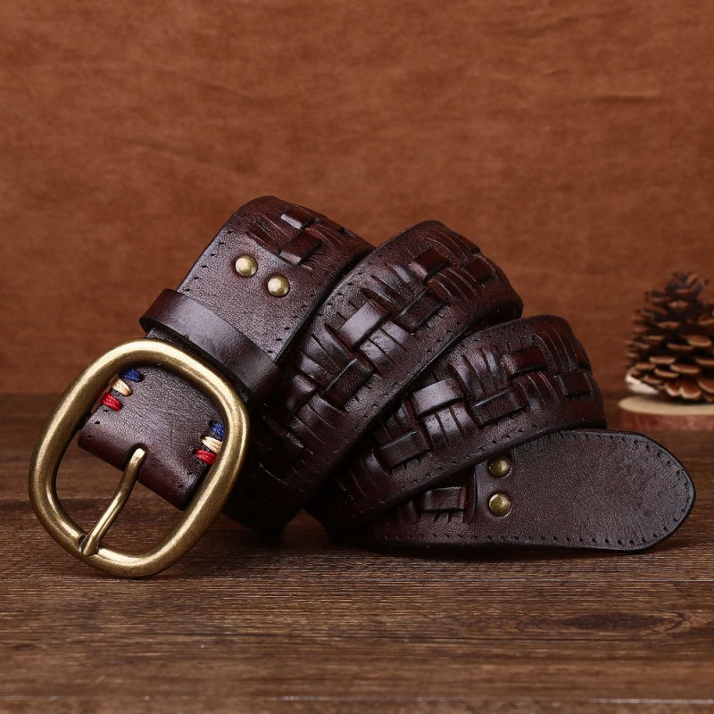 Woven Vintage Head Layer Cowhine Leather Belt Punch-free Copper Buckle Outdoor Tactical Leisure Belt DANRRIO.COM DANRRIO