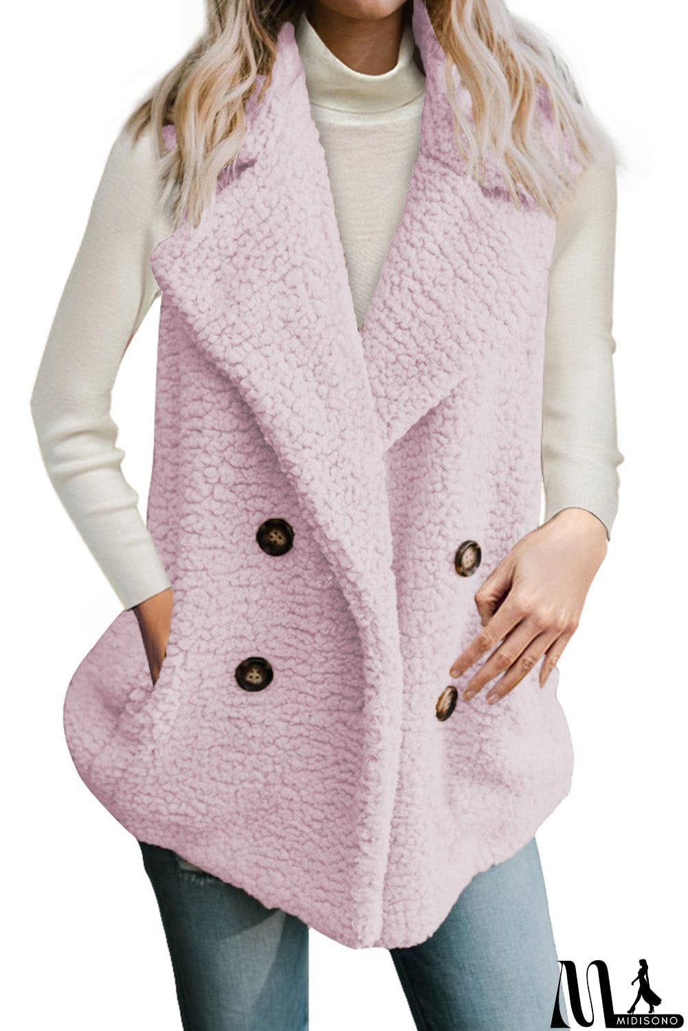MidiSono - Button Detail Pink Lambswool Vest Jacket