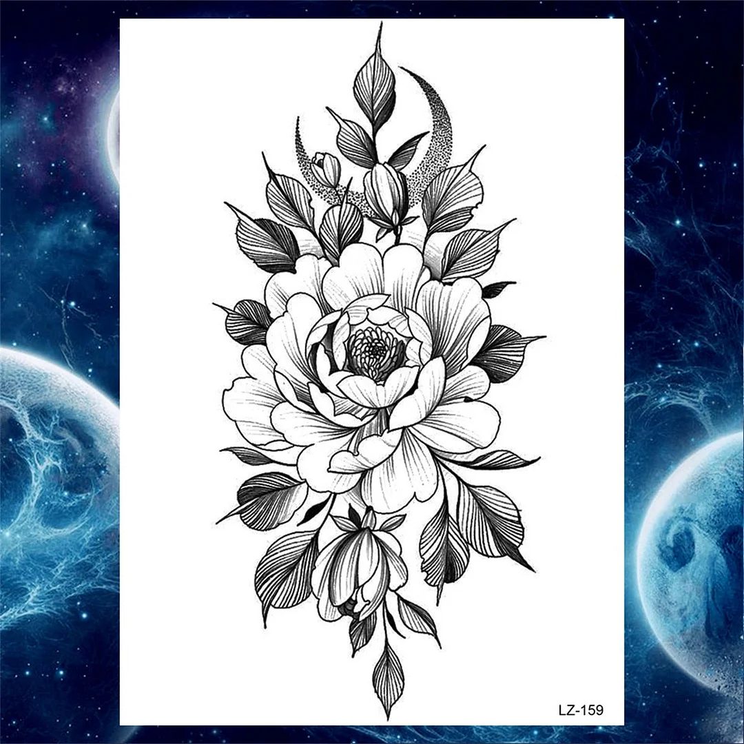 Large 3D Rose Flower Temporary Tattoos For Women Men Adults Death Skull Tattoo Sticker Peony Dahlia Black Fake Tatoos Forearm