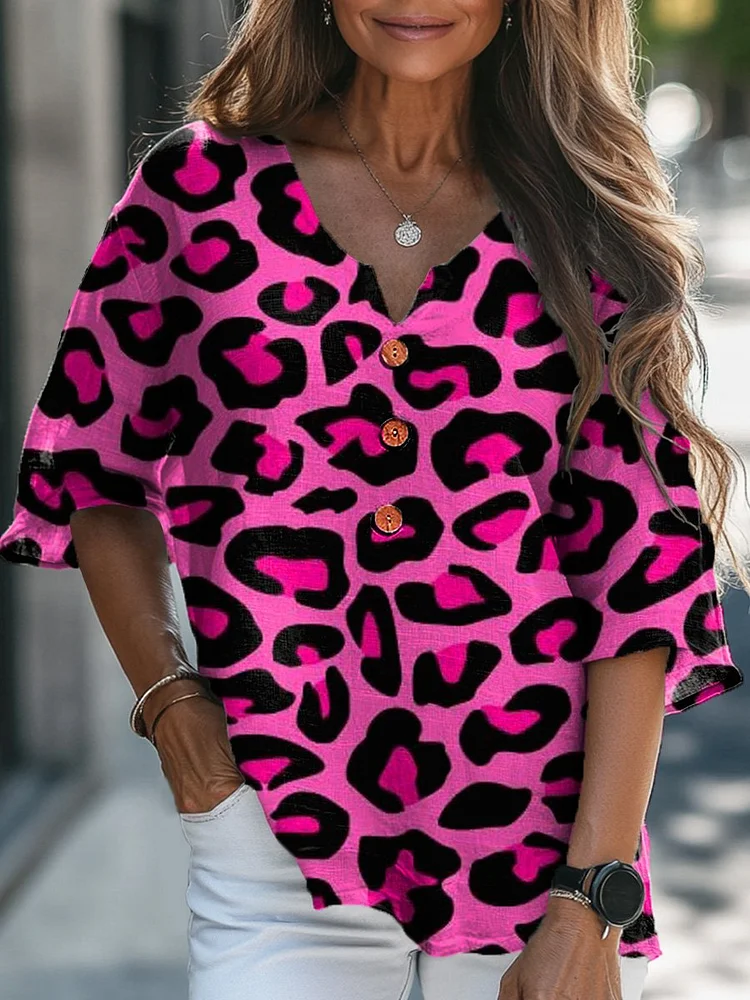 Pink Leopard Print Pattern Printed Women's Casual Linen V-Neck Shirt
