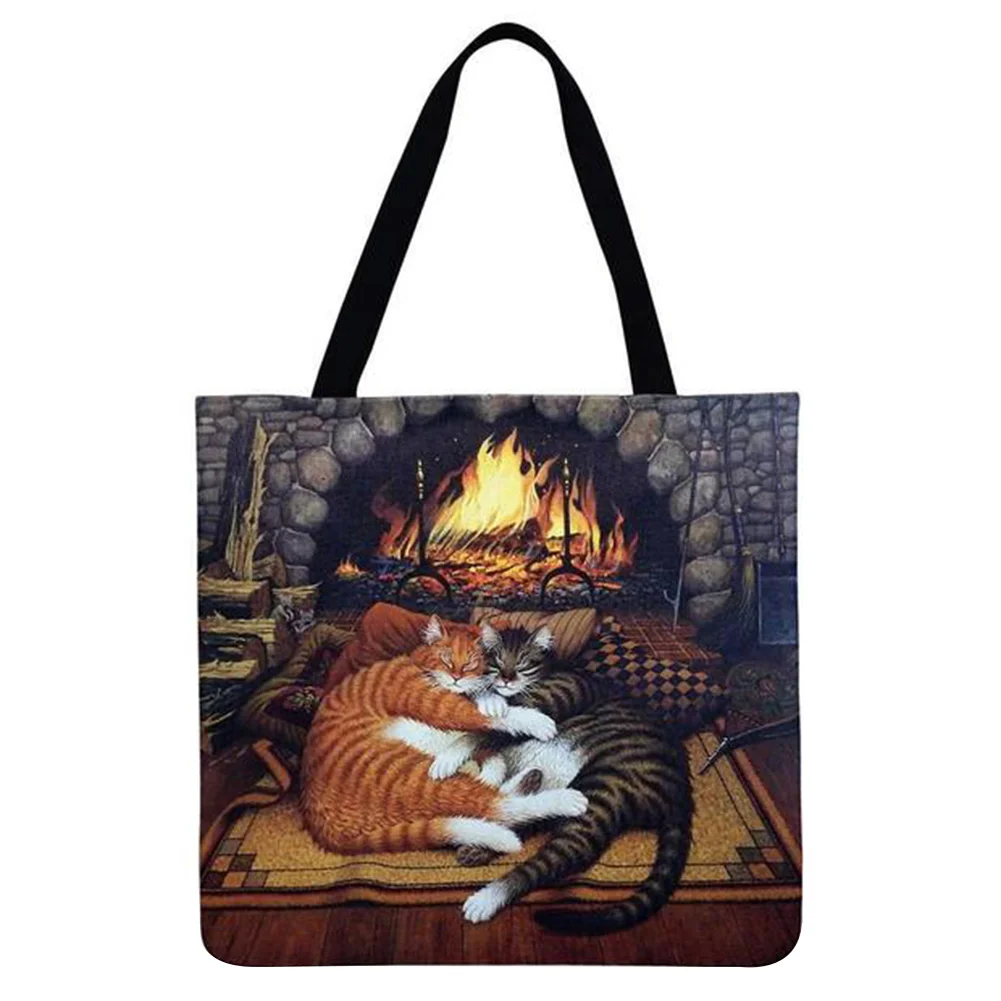 Linen Tote Bag-Cats by the Fire