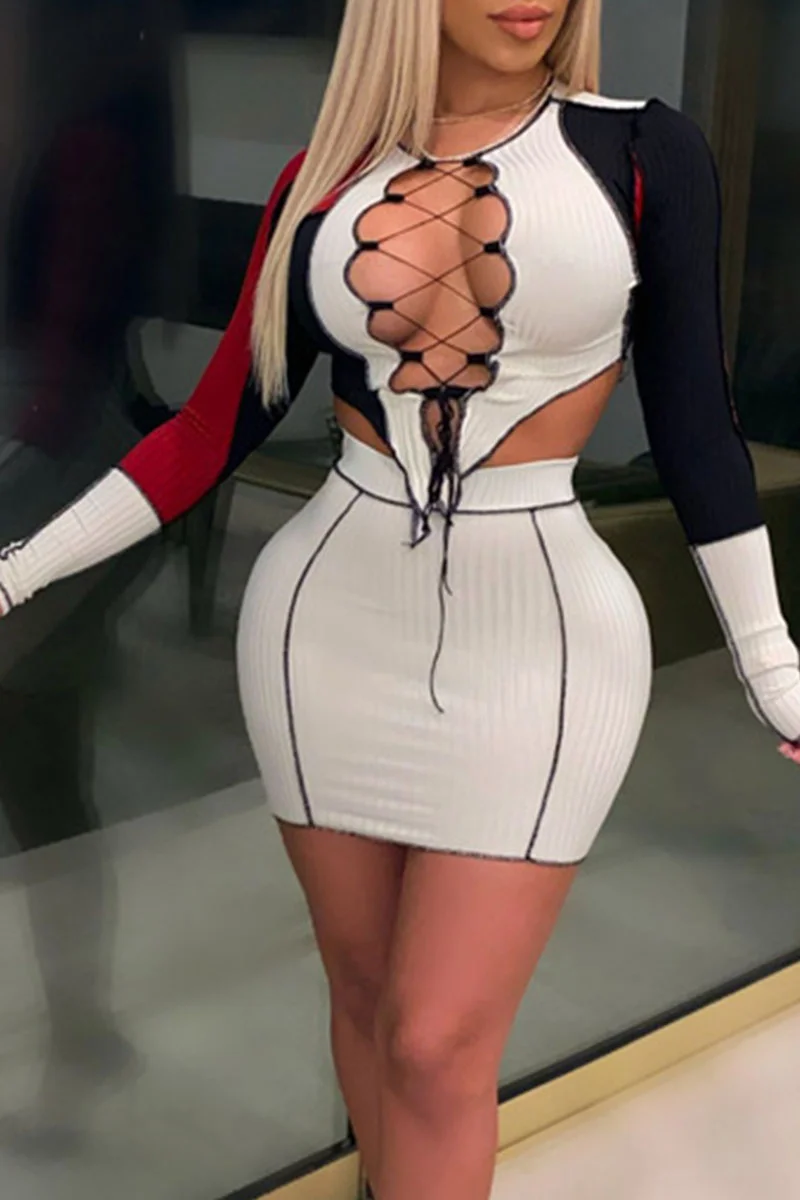 White Sexy Solid Bandage Split Joint Frenulum Asymmetrical O Neck Long Sleeve Two Pieces