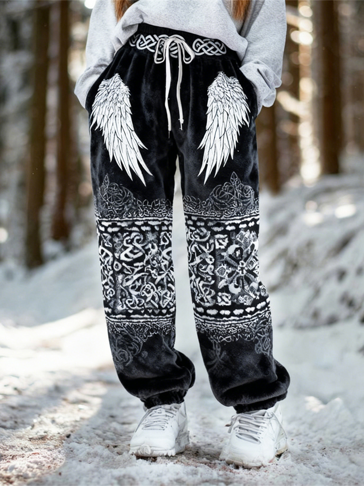 Viking Wing Pattern Design Women's Flannel Pants elevenforest