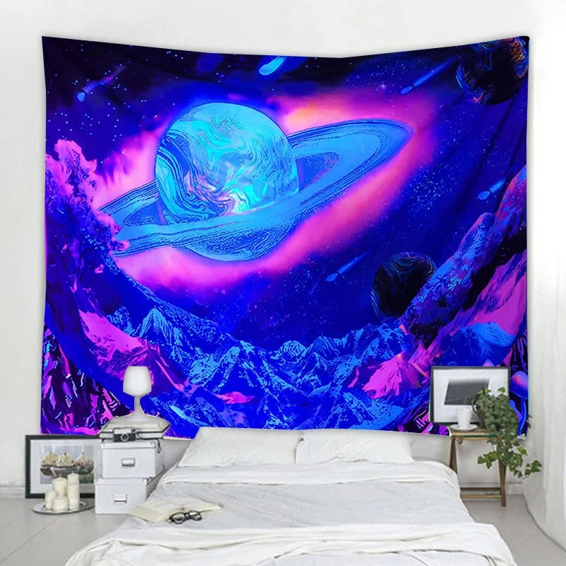 Fluorescent Mushroom Wall Hanging Tapestry Nature Art Starry Sky Galaxy Psychedelic Carpet Indian Mandala Dark Glowing Tapestry