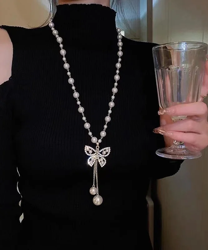 Light Luxury Zircon Pearl Butterfly Necklace Long Tassel