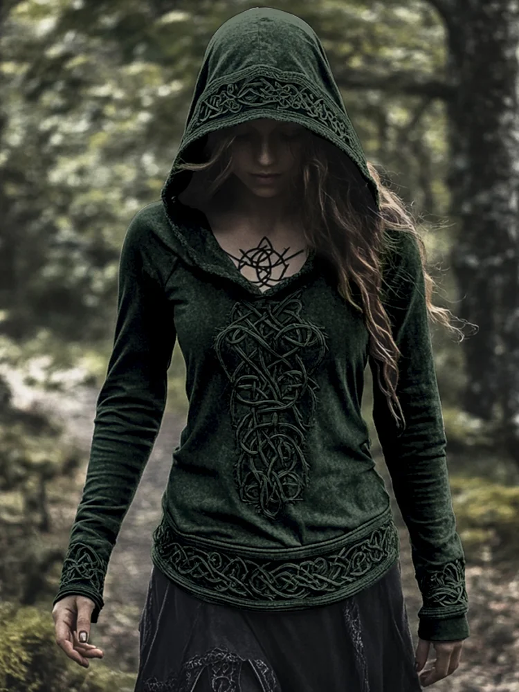 VChics Women's Viking Jacquard Celtic Knot Art Hooded T-shirt