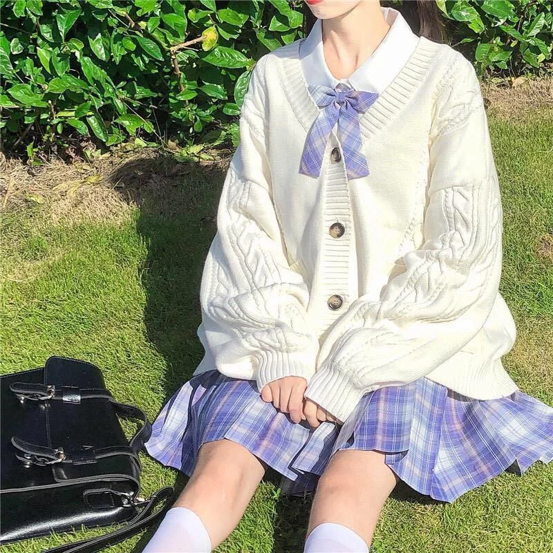 Sonicelife  Japanese College Uniform Sweater Woman Kawaii Sweter Harajuku Knit Cardigan Student Korean Loose All-Match Jackets Oversized Top