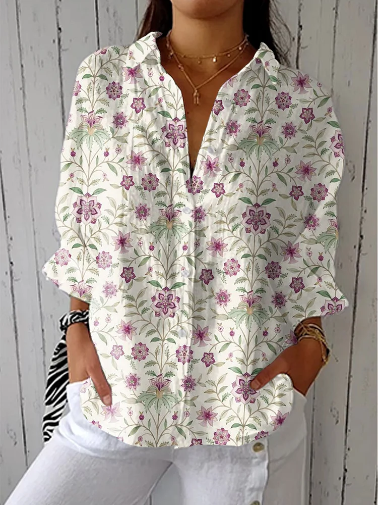 Women's Vintage Floral Art Print Casual Linen V-neck Shirt