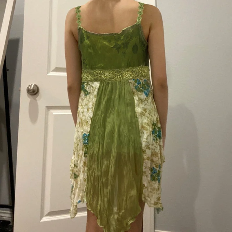Rapcopter y2k Green Pleated Dress Floral Grunge Fairycore Kawaii Sweet Party Dress Tie Up Frill Strap Boho Mini Dress Women Chic