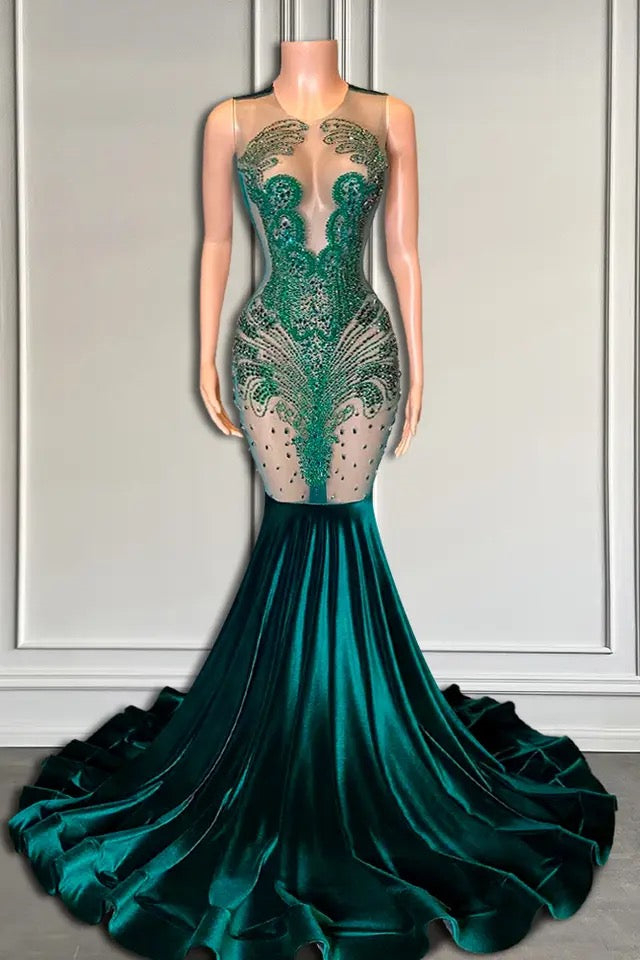 Classy Emerald Green Sleeveless Mermaid Evening Gown Long With Beadings - lulusllly