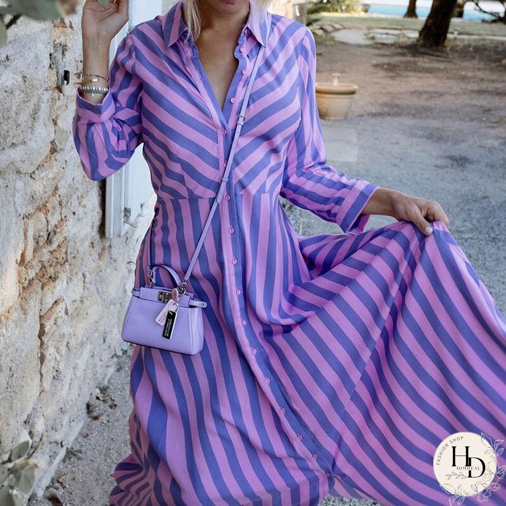 Womens Autumn Turndown Collar Long Dress Fashion Striped Print Single Breasted Ladies