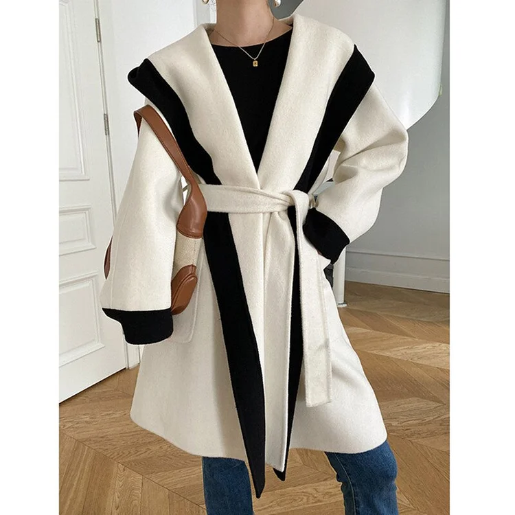 Temperament Loose Lapel Contrast Color Coat Lace-up Long Sleeve Woolen Coat